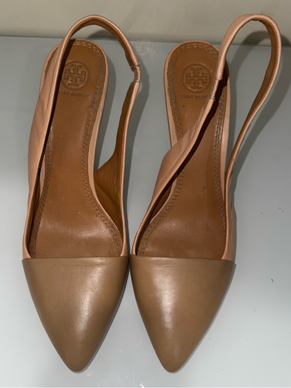 Tory Burch Two-Tone Pointed Slingback Heels,Tan and Beige,10.5 Medium.
